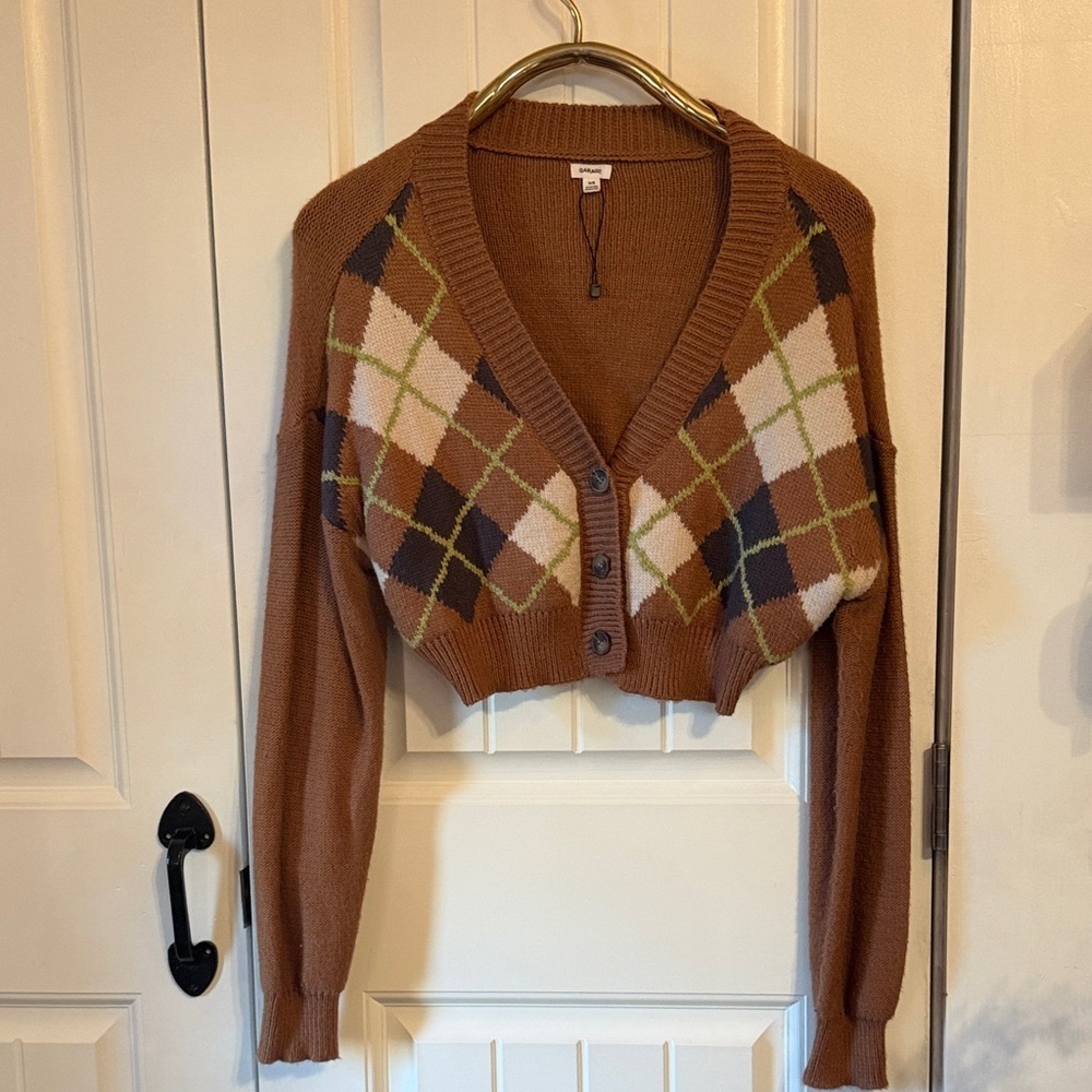 Garage Women's New P/S Brown Plaid Button Down V Neck Cropped Cardigan Sweater - Picture 2 of 10